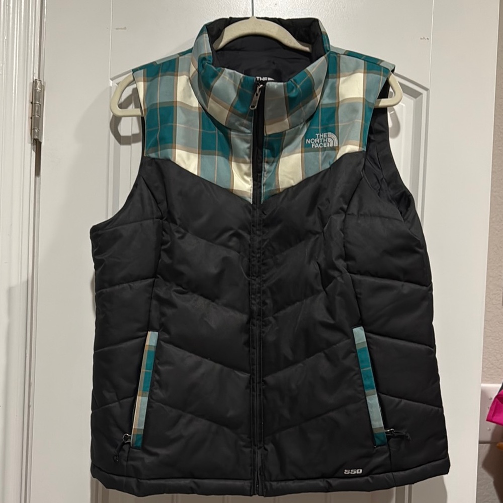 The North Face Black and Teal Plaid Vest